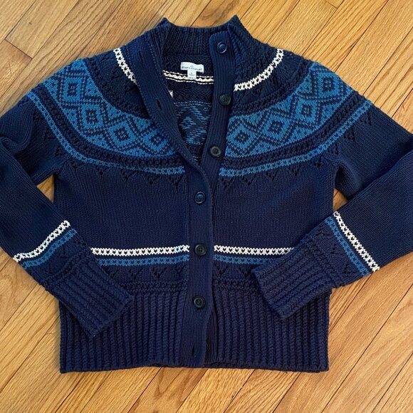 Small LL Bean Women's Signature 100% Cotton Fisherman Cardigan Fair Isle Navy - Picture 4 of 8